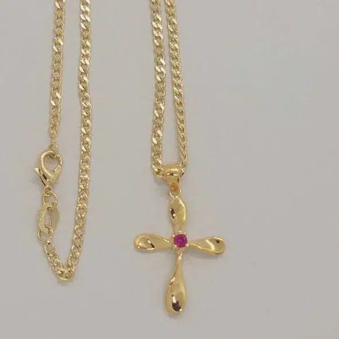 Brand New Brazilian 18k Gold Filled Pink Gem Cross Necklace