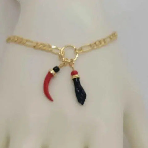 Brand New  Brazilian 18k Gold Filled Figa Hand & Red Pepper Bracelet