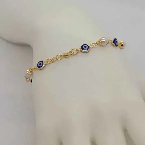 Brand New Brazilian 18k Gold Filled White Beaded & Blue Evil Eye Bracelet