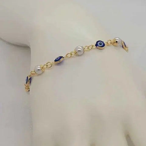 Brand New Brazilian 18k Gold Filled White Beaded & Blue Evil Eye Bracelet