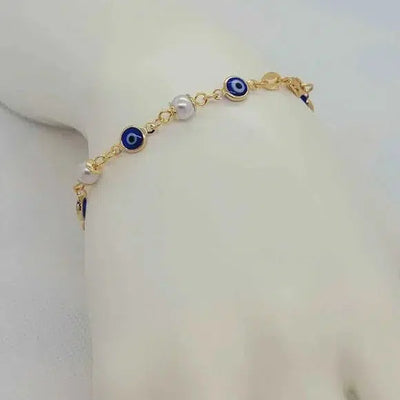 Brand New Brazilian 18k Gold Filled White Beaded & Blue Evil Eye Bracelet