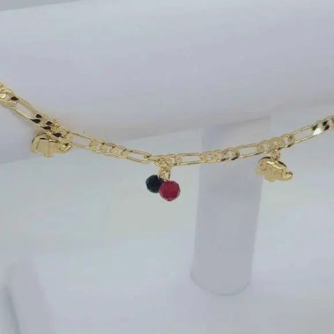 Brand New Brazilian 18k Gold Filled Red Black Beaded With Elephants Anklet