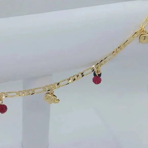 Brand New Brazilian 18k Gold Filled Red Black Beaded With Elephants Anklet