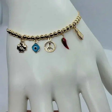 Brand New Brazilian 18k Gold Filled Beaded Multi Luck Charm Bracelet