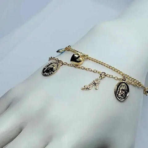 Brand New Brazilian 18k Gold Filled Virgen De Guadalupe w/ multi charms Bracelet