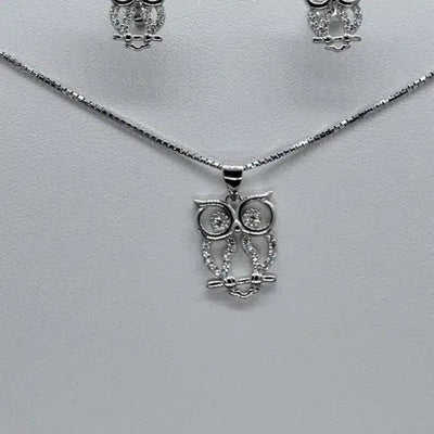 Brand New Sterling Silver 925 OWL with cz stones earrings and necklace set