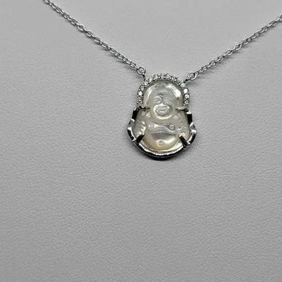 Brand New Sterling Silver 925 White Opal Buddha with Zirconia stones Necklace