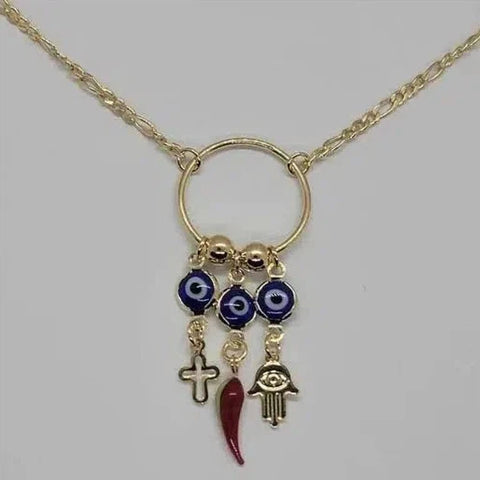 Brand New Brazilian 18k Gold Filled Lucky Charms with Blue Evil Eye Necklace
