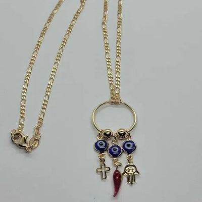 Brand New Brazilian 18k Gold Filled Lucky Charms with Blue Evil Eye Necklace