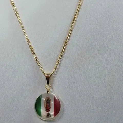 Brand New Brazilian 18k Gold Filled Virgen De Guadalupe W/ Mexican Flag Necklace