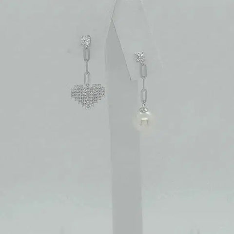 Brand New Sterling Silver 925 Heart And pearl With cubic zirconia Stones Earrings