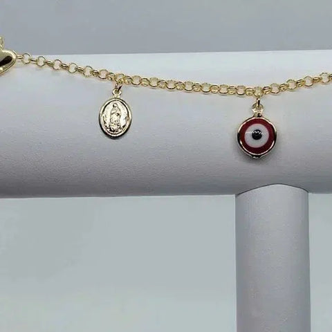 Brand New Brazilian 18k Gold Filled Heart- Virgen De Guadalupe- Red Evil Eye Anklet