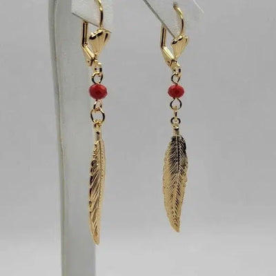 Brand New  Brazilian 18k Gold Filled Red Bead Feather Earrings