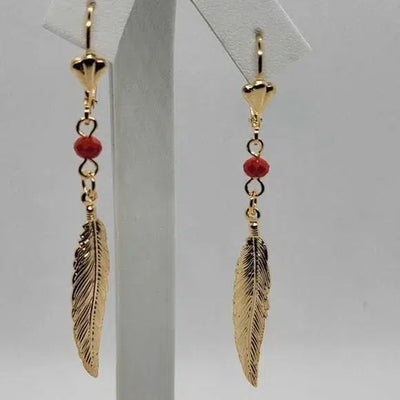 Brand New  Brazilian 18k Gold Filled Red Bead Feather Earrings