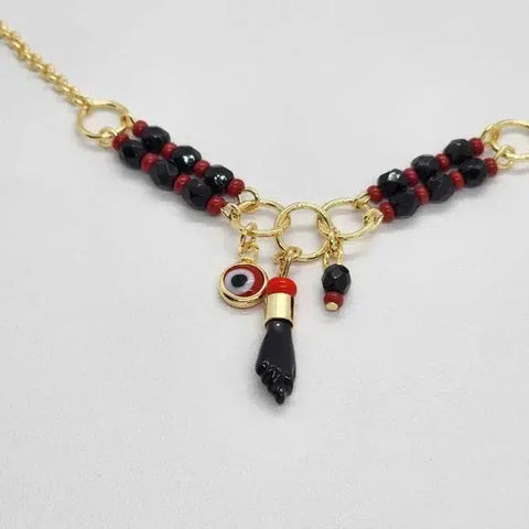 Brand New Brazilian 18k Gold Filled Red Evil Eye With Figa Hand Necklace