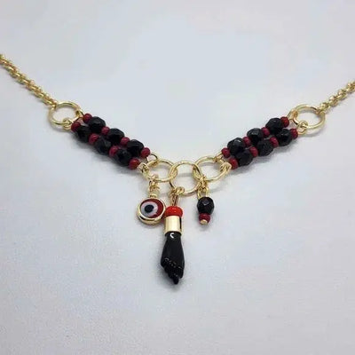 Brand New Brazilian 18k Gold Filled Red Evil Eye With Figa Hand Necklace