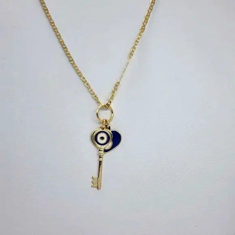 Brand NEW Brazilian 18k Gold Filled Evil Eye Heart And Key Necklace