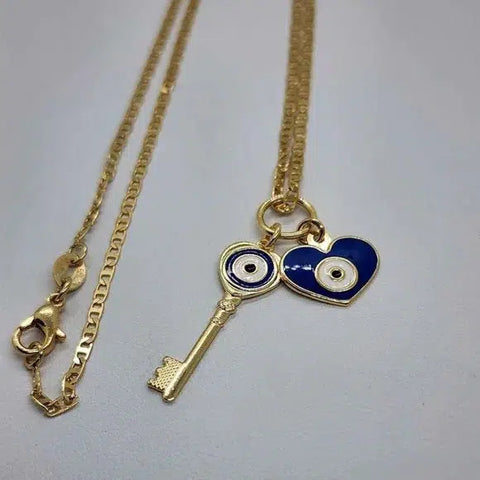 Brand NEW Brazilian 18k Gold Filled Evil Eye Heart And Key Necklace