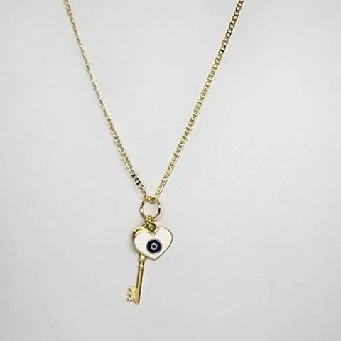 Brand New  Brazilian 18k Gold Filled Evil Eye Heart and Key Necklace