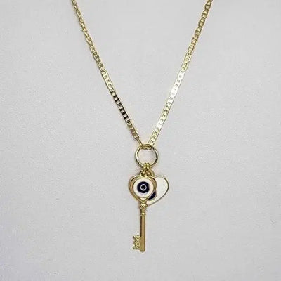 Brand New  Brazilian 18k Gold Filled Evil Eye Heart and Key Necklace