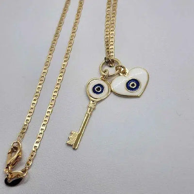 Brand New  Brazilian 18k Gold Filled Evil Eye Heart and Key Necklace