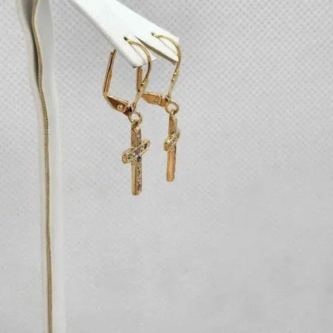 Brand New  Brazilian 18k Gold Filled Cross Earrings W/ Multi Color Cz Stones