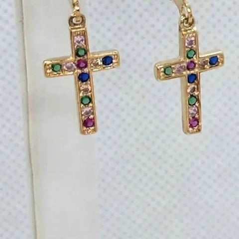 Brand New  Brazilian 18k Gold Filled Cross Earrings W/ Multi Color Cz Stones