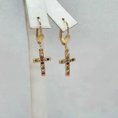 Brand New  Brazilian 18k Gold Filled Cross Earrings W/ Multi Color Cz Stones