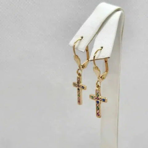 Brand New  Brazilian 18k Gold Filled Cross Earrings W/ Multi Color Cz Stones