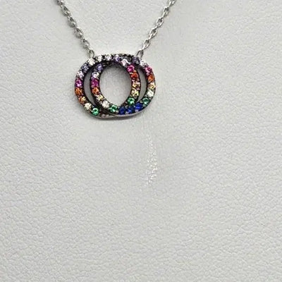 Brand New  Sterling Silver 925 2 Circle with Multi Cubic Zirconia Stones Necklace