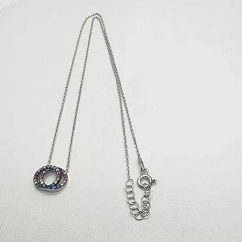 Brand New  Sterling Silver 925 2 Circle with Multi Cubic Zirconia Stones Necklace