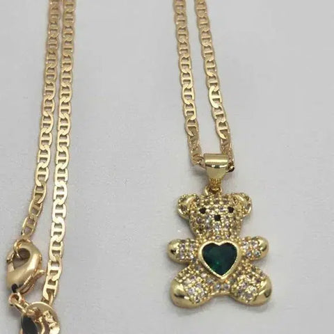 Brand New Green Heart Teddy Bear Necklace
