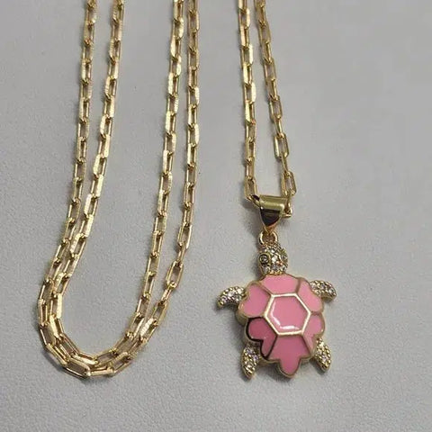 Brand New  Brazilian 18k Gold Filled Necklace w/ Brass PINK Turtle pendent