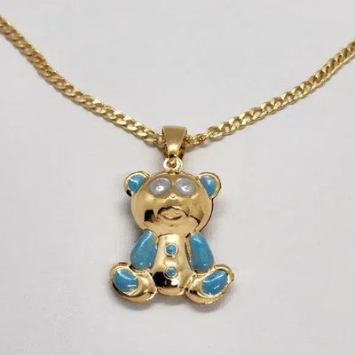 Brand New  Brazilian 18k Gold Filled BLUE Teddy Bear Necklace