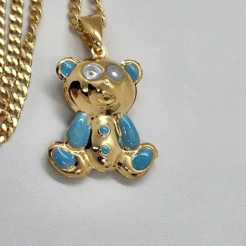 Brand New  Brazilian 18k Gold Filled BLUE Teddy Bear Necklace