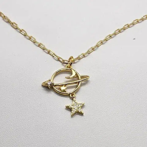 Brand New  Brazilian 18k Gold Filled Necklace with Planet Saturn & Star Brass Pendent