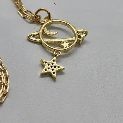 Brand New  Brazilian 18k Gold Filled Necklace with Planet Saturn & Star Brass Pendent