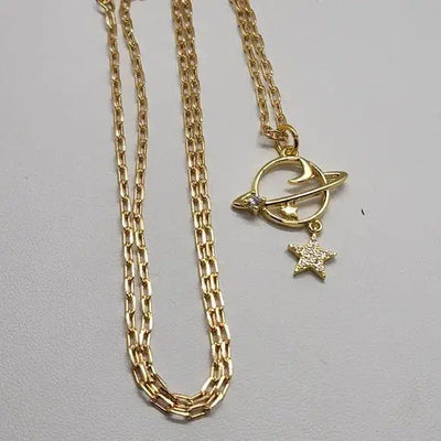 Brand New  Brazilian 18k Gold Filled Necklace with Planet Saturn & Star Brass Pendent