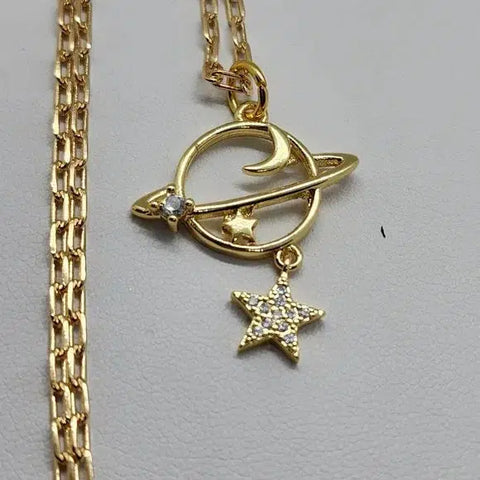 Brand New  Brazilian 18k Gold Filled Necklace with Planet Saturn & Star Brass Pendent