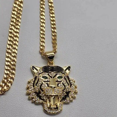 Brand New  Brazilian 18k Gold Filled Necklace & Tiger Brass Pendent