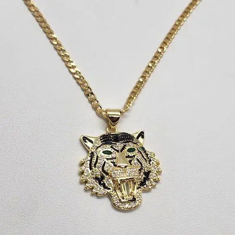 Brand New  Brazilian 18k Gold Filled Necklace & Tiger Brass Pendent