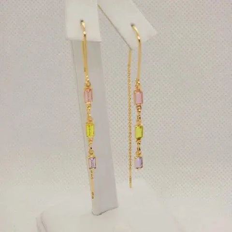 Brand New  Brazilian 18k Gold Filled Dangle Rectangle Earrings  Pink - Green - Purple Gem