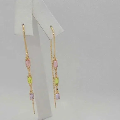 Brand New  Brazilian 18k Gold Filled Dangle Rectangle Earrings  Pink - Green - Purple Gem