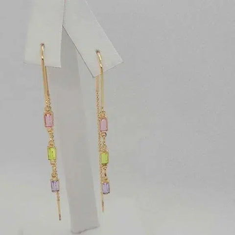 Brand New  Brazilian 18k Gold Filled Dangle Rectangle Earrings  Pink - Green - Purple Gem