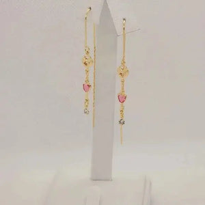 Brand New Brazilian 18k Gold Filled Dangle Heart Locket with Key Pink Gem Earrings