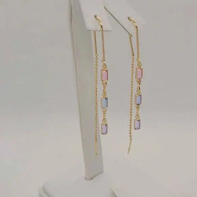 Brand New Brazilian 18k Gold Filled Dangle Rectangle Earrings  Pink - Blue - Purple Gem