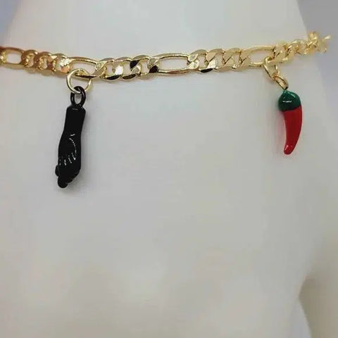 Brand New Brazilian 18k Gold Filled Green/Red Peppers & Figa hand Bracelet