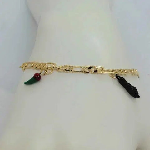 Brand New Brazilian 18k Gold Filled Green/Red Peppers & Figa hand Bracelet