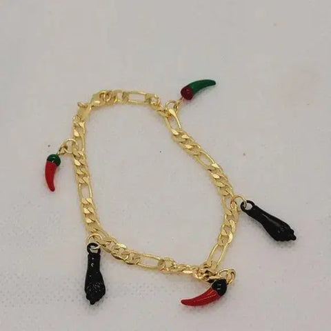 Brand New Brazilian 18k Gold Filled Green/Red Peppers & Figa hand Bracelet