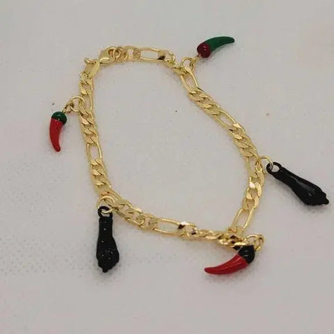 Brand New Brazilian 18k Gold Filled Green/Red Peppers & Figa hand Bracelet